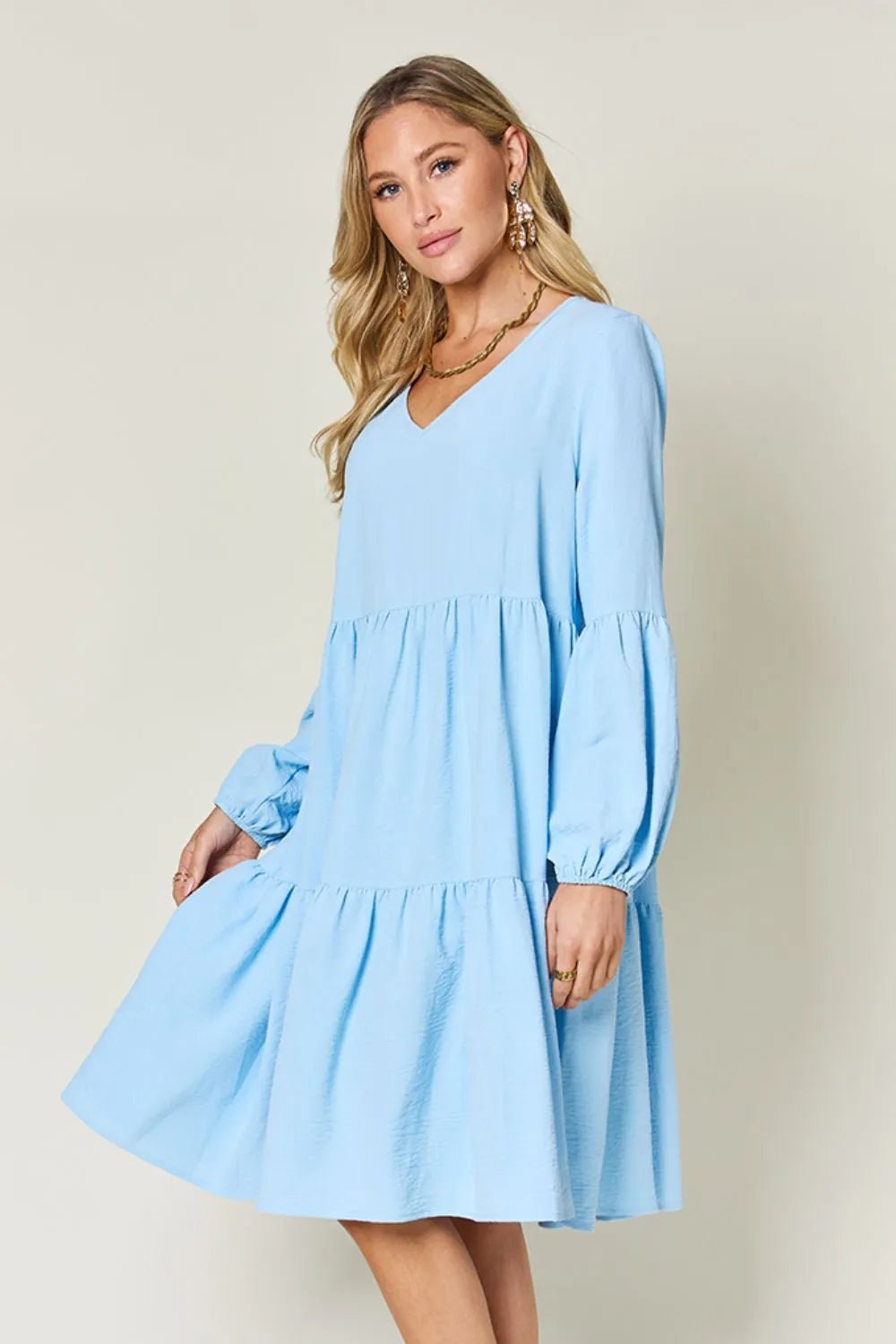 V - Neck Tiered Dress with Balloon Sleeves and Pockets - Bela Fils BoutiqueBela Fils Boutique